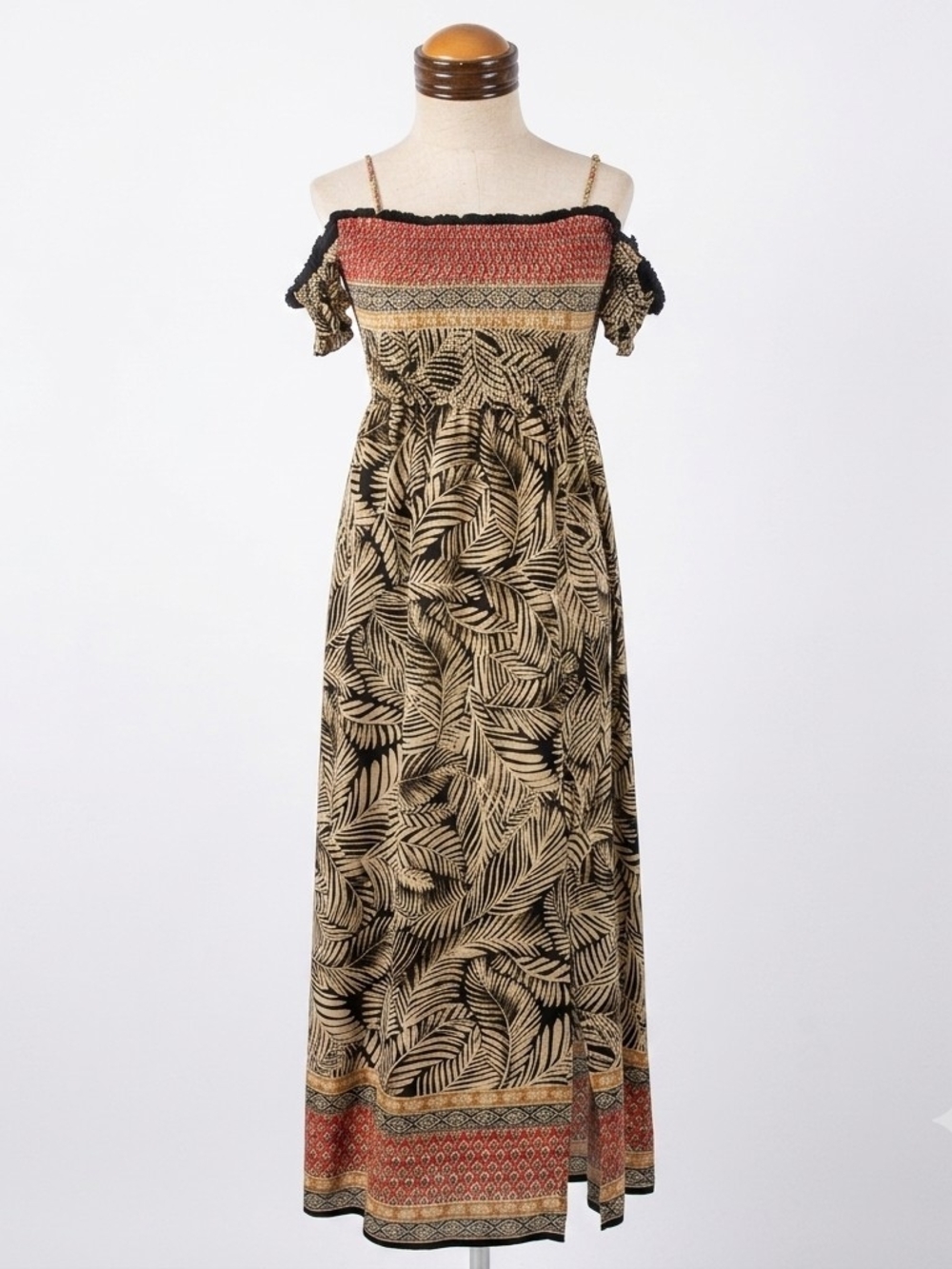 Enfocus Studio Maxi Dress with Tan Leaf Print and Rust Border